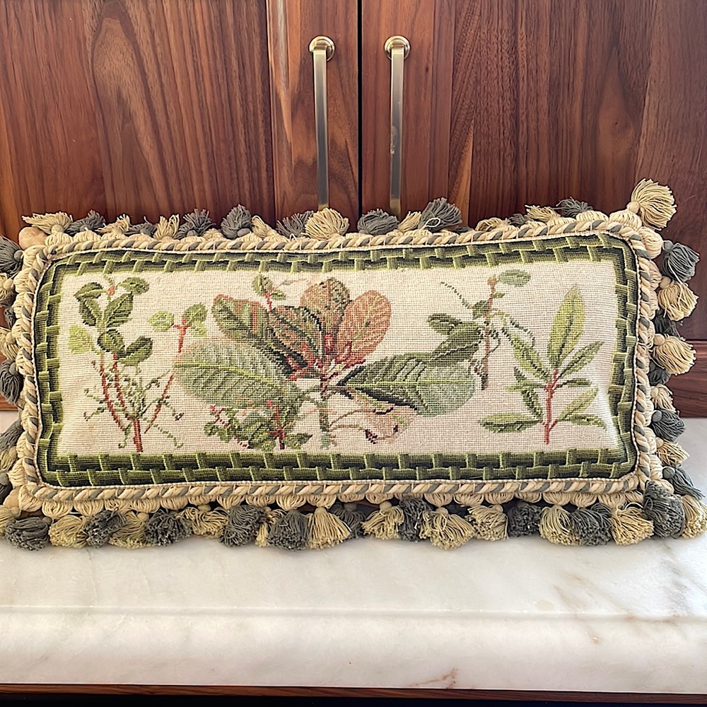 Vintage Fringed Wool Needlepoint Down Pillow w zipper velvet back.